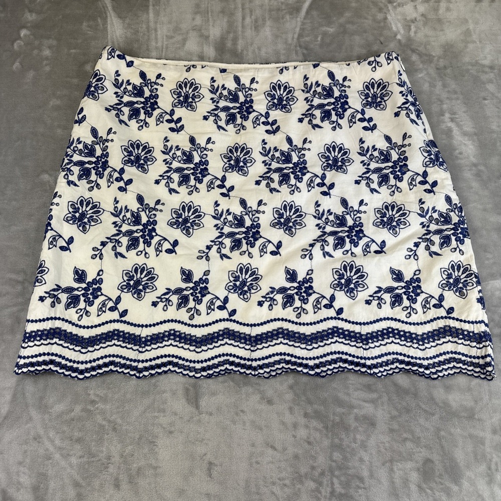 LOFT White Mini Skirt with Navy Blue Floral Embroidery